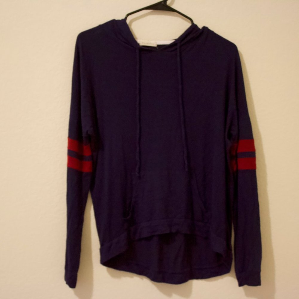 dark navy blue hoodie with red stripes on sleves